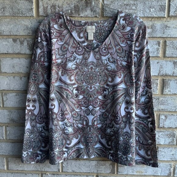 Chico's Long Sleeve V-Neck Cotton Blend Paisley Blouse Size 2 (L). - Picture 2 of 8